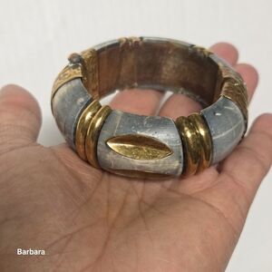 Vintage 70s Bark Hor Tibetan Wood and Brass Hinged Bracelet